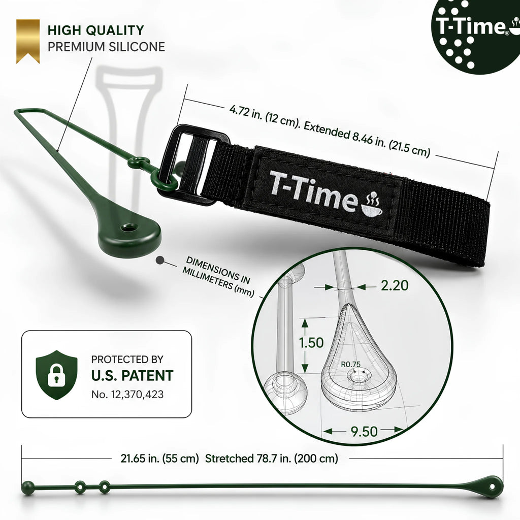 Dimensions of the T-Time Golf Tee Anchor showing premium silicone tee holder, adjustable strap, stretchable silicone cord and U.S. Patent No. 12,370,423