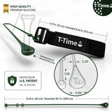 Dimensions of the T-Time Golf Tee Anchor showing premium silicone tee holder, adjustable strap, stretchable silicone cord and U.S. Patent No. 12,370,423