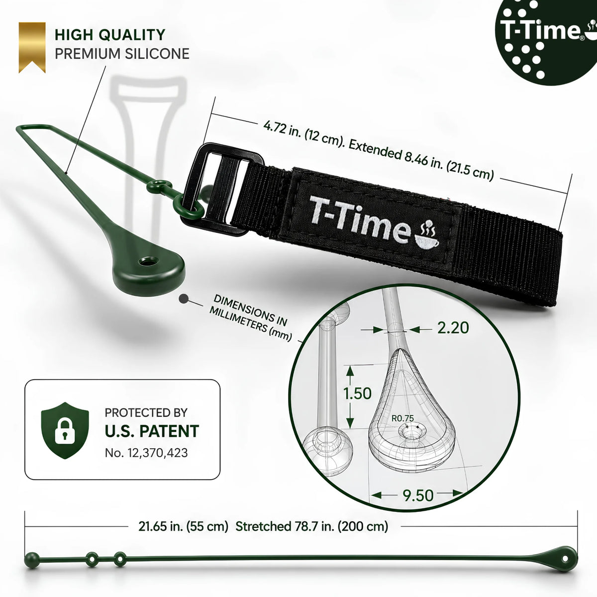 Dimensions of the T-Time Golf Tee Anchor showing premium silicone tee holder, adjustable strap, stretchable silicone cord and U.S. Patent No. 12,370,423