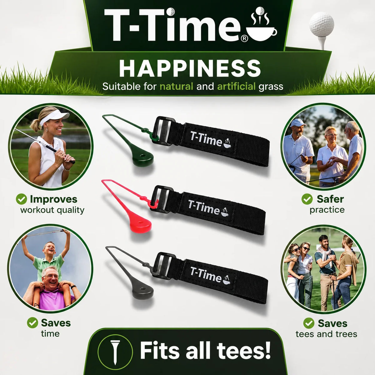 T-Time Golf Tee Anchor golf practice aid for natural grass, artificial turf and golf simulators, helping golfers improve practice quality, save tees and enjoy safer practice