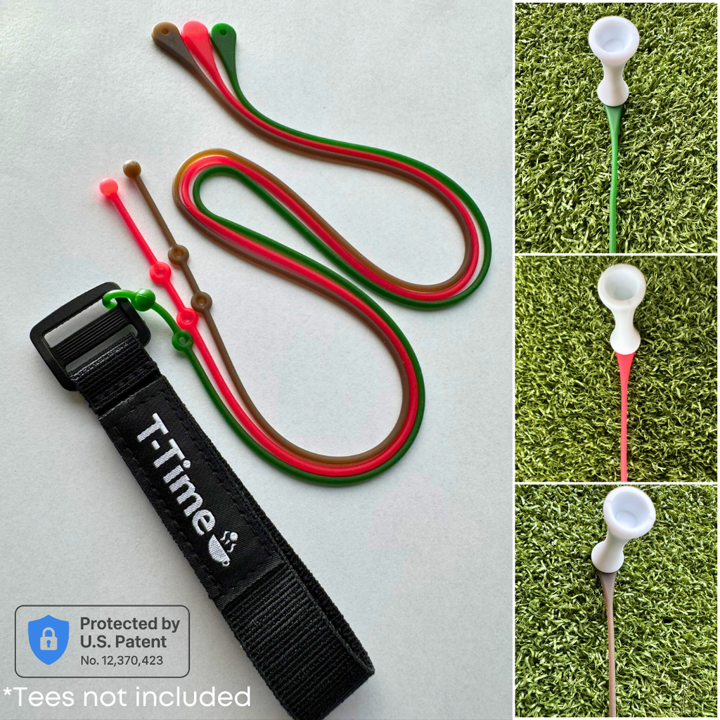 T-Time® Golf Tee Anchor Leash & Tether – US Patented – Keeps Tees in Place for Driving Range and Simulator Practice.